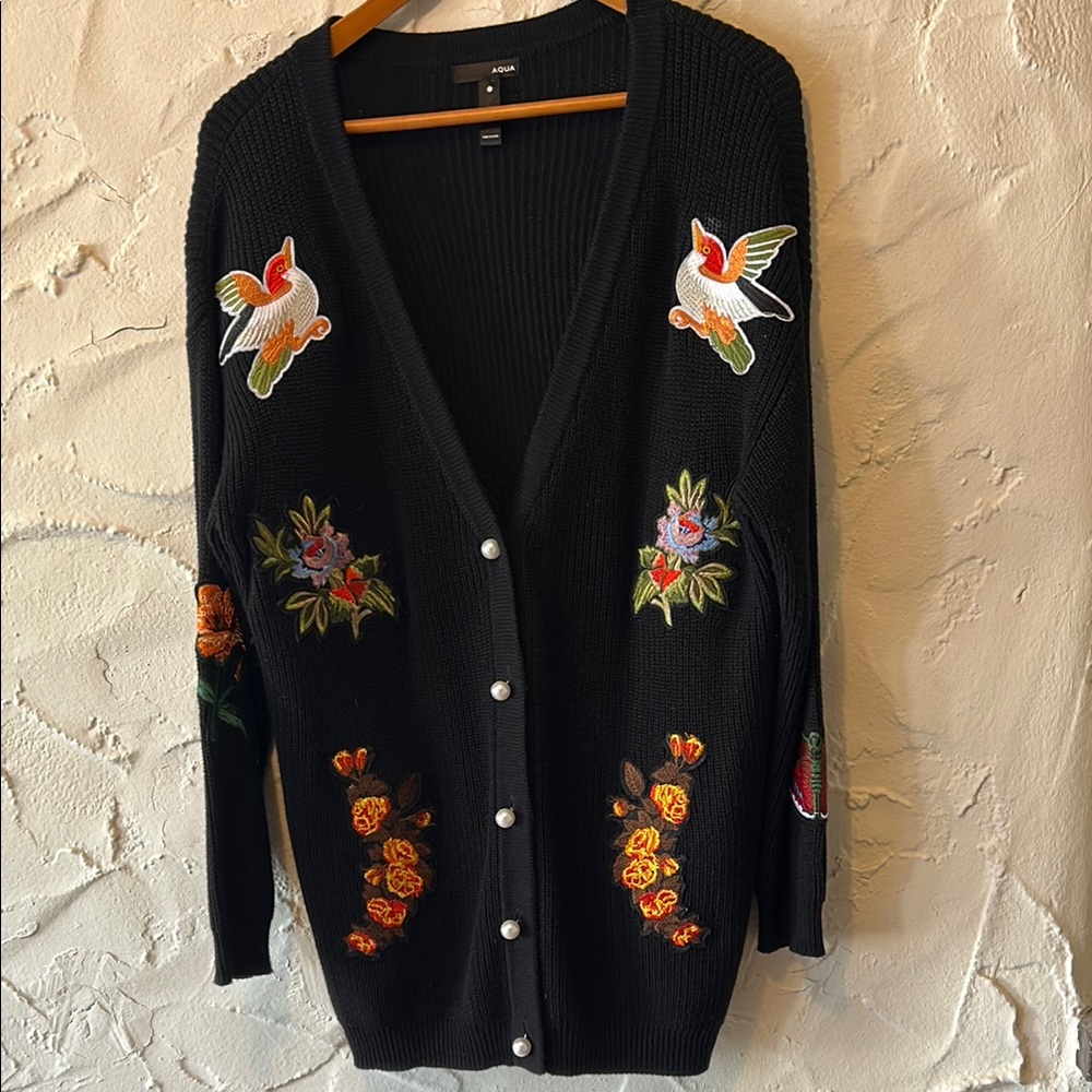 Embroidered Black Cardigan Sweater